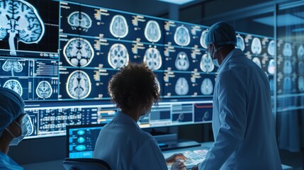 Poster - Doctors in a high-tech room analyze 3D MRI brain scans, collaborating to diagnose and plan treatments.