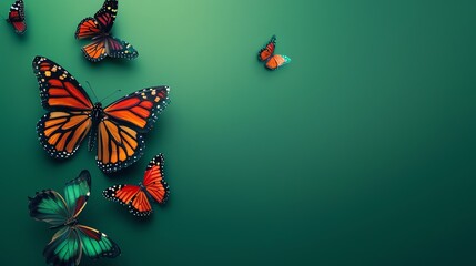 Wall Mural - A green background with a few colorful butterflies.