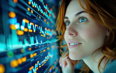 Wall Mural - A young businesswoman is intently studying a screen filled with financial data, likely analyzing the stock market