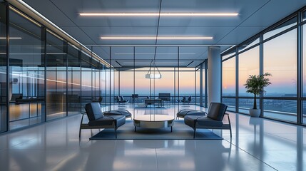 Wall Mural - A stunning modern office interior in shades of gray and blue, with large panoramic windows and