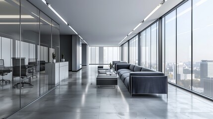 Poster - A stunning modern office interior in shades of gray and blue, with large panoramic windows and