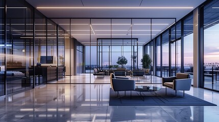 Poster - A stunning modern office interior in shades of gray and blue, with large panoramic windows and
