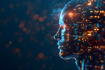 Artificial Intelligence concept with a digital human head silhouette made of a circuit board and binary code on a blue background