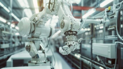 Aufkleber - A close-up view of a robotic arm in a modern factory. The arm is white and has a complex design. It is reaching out to a blurry background, hinting at an industrial setting