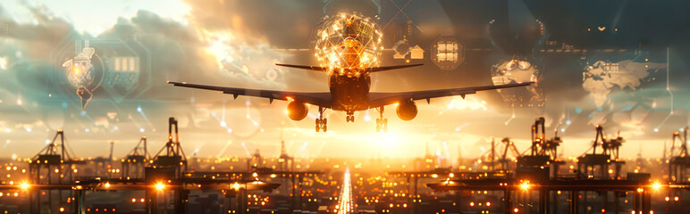 Wall Mural - An airplane carrying cargo lands at a busy port during a vibrant sunrise, with a digital globe showcasing the interconnected network of global trade