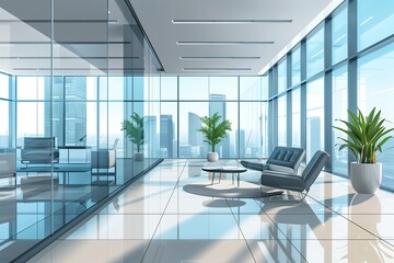 Poster - A stylish modern office interior in shades of gray and blue, illustrated in a flat style, with floor