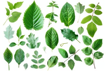 Wall Mural - A collection of various green leaves on a clean white background, ideal for use in designs and projects where natural elements are required