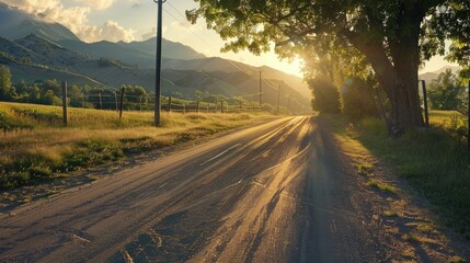 Poster - A rural landscape with a dirt road running through a green field, ideal for use as a background or to depict a rustic setting