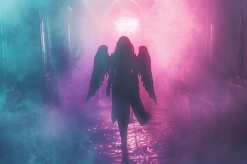 Poster - A person is standing in a dark room filled with smoke, the only light coming from a faint glow