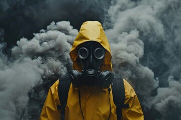 Poster - A person wears a gas mask while standing near a thick cloud of smoke, perfect for representing hazardous environments or warning scenes