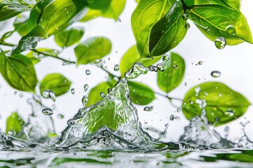 Aufkleber - A close-up shot of water splashing against green leaves, great for use as a calming or refreshing illustration
