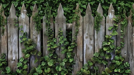 Wall Mural - A rustic wooden fence surrounded by lush green plants and a nearby bush, ideal for outdoor or garden themed projects