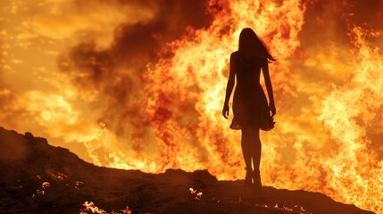 Wall Mural - A person standing near a fireplace or campfire, possibly seeking warmth or comfort