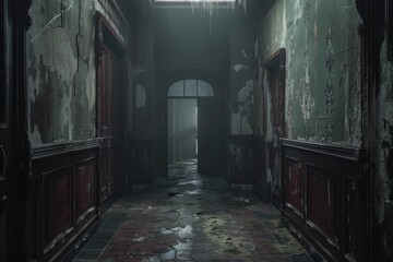 Poster - A dimly lit hallway with a beam of light coming from an open window