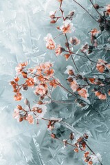 Aufkleber - A detailed view of frozen flowers, delicate and intricate details preserved under the layer of ice