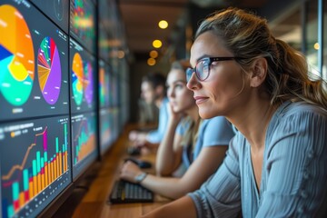 Poster - business professionals analyzing data on large screens in office
