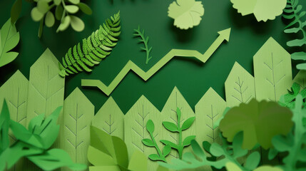 Financial documents with green foliage represent growth trends in sustainable finance. The visual highlights eco-investing and economic progress.