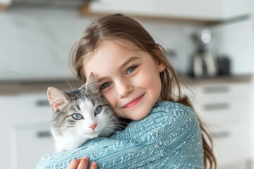 A happy young girl in a cozy blue sweater holds her grey and white cat close, their faces close together, in a bright and contemporary kitchen setting.