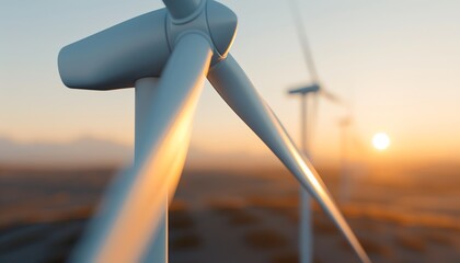 A closeup of a wind turbine against a beautiful sunset.