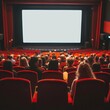 © PsixoloqOrxan - Cinema hall with white blank screen. Rows of seats, red cinema chairs. Theater empty scene. Movie theatre. Generative AI