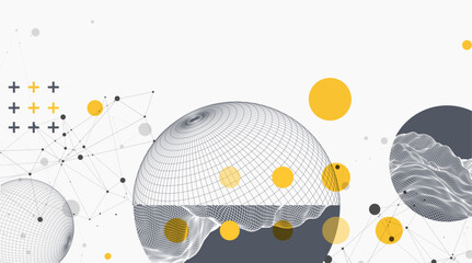 Sphere  theme with connected lines in technology style background. Wireframe illustration. Abstract 3d grid design. Hand drawn.