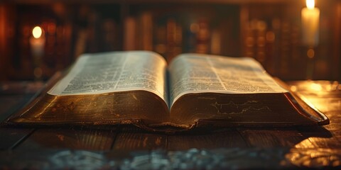 Poster - A single open book resting on a wooden table, possibly waiting for someone to pick it up and start reading