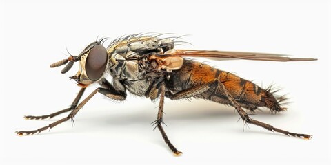 Poster - A close-up view of a fly sitting on a white surface, offering various uses for editorial and commercial purposes