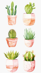 Wall Mural - Watercolor set of trendy abstract cacti in beautiful pink pots in pastel colors, clean white background. Generative AI