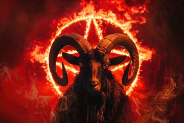 A goat with horns and a pentagram symbol in the background