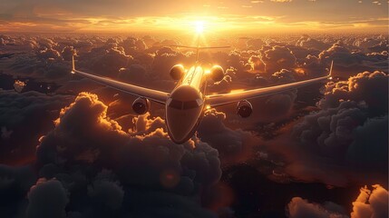 Poster - A passenger plane was flying in the sky, at sunset, surrounded by clouds, The sun was setting behind it and shining on its wings. Generative AI.