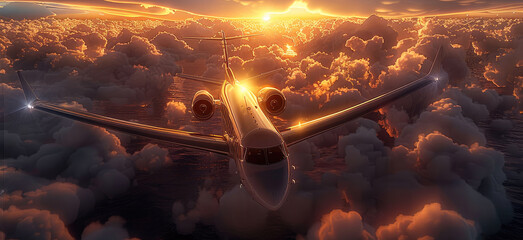 Poster - A passenger plane was flying in the sky, at sunset, surrounded by clouds, The sun was setting behind it and shining on its wings. Generative AI.