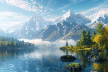 Poster - A serene mountain lake surrounded by rocky terrain