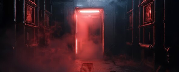 Poster - Dark corridor in a futuristic spaceship with a red light in the middle and grungy metal walls on both sides. View from the inside. Modern futuristic hall. Sea of grey fog.