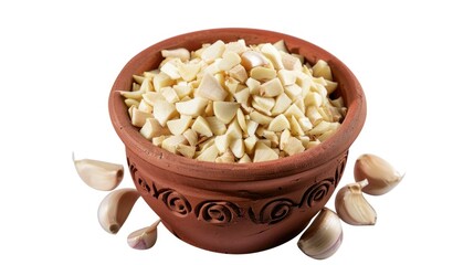 Poster - A brown bowl filled with chopped garlic and whole cloves, great for cooking or photography props