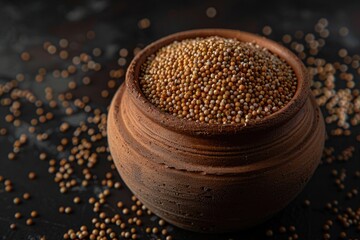 Poster - A wooden bowl filled with yellow mustard seeds, great for cooking or photography props