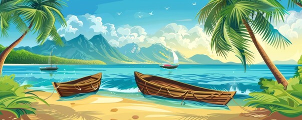 A cartoon summer modern paradise scenery with palm trees, coconuts on straw, paths along the sea or ocean's shore, a boat on the beach, calm blue water, mountains, and a sunny sky with clouds.