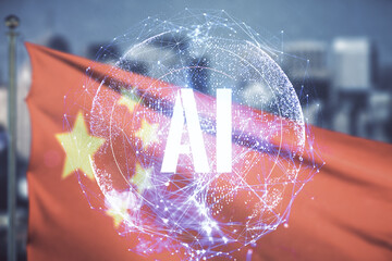 Poster - Abstract virtual artificial Intelligence symbol hologram on flag of China and blurry cityscape background. Multiexposure