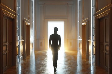 Poster - A professional man walking down a hallway, possibly heading to a meeting or conference