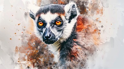 Poster - A watercolor painting of a lemur's face with bright orange eyes