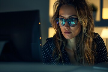 Poster - The female journalist, with her glasses on in the office and researching on the computer, is smiling for her career in the media or press. The female journalist, with her happiness and employment