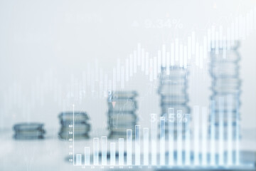 Poster - Multi exposure of virtual abstract financial graph interface on coins background, financial and trading concept