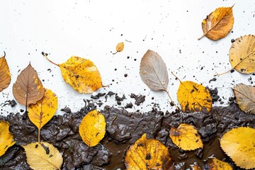 Sticker - A pile of fallen autumn leaves in shades of yellow and brown, scattered on the ground