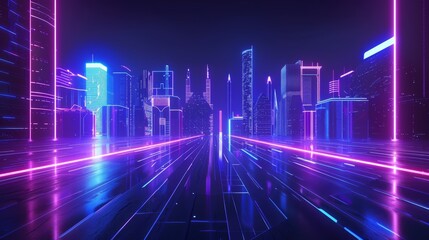 Poster - An abstract city building at night with a futuristic neon light trail on a dark background, with a glowing light in the background of the render.