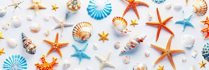 Aesthetic background with seashells and starfish. Summer time. Generative AI