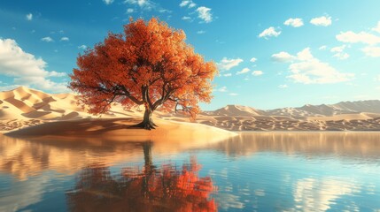 Sticker - The picture shows a serene pastel landscape with a single golden tree growing on land and in the water. It also shows a beautiful blue sky behind the scene as well.