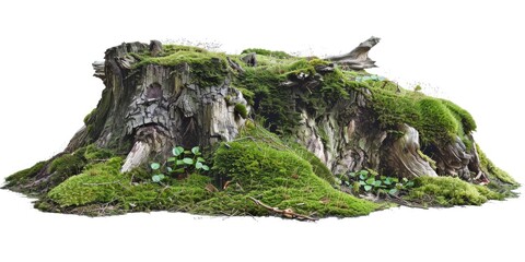 Sticker - A bird sits atop a moss-covered tree stump in a natural setting