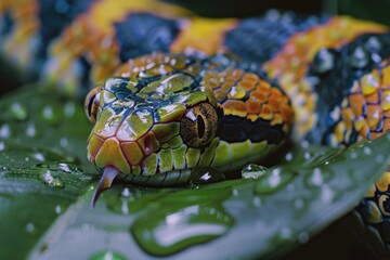 Poster - A close-up view of a snake resting on a leaf, natural habitat scene