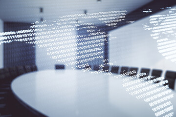 Poster - Virtual digital map of North America on a modern conference room background, international trading concept. Multiexposure