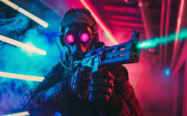 Wall Mural - on a neon city background, a robotized soldier wears a futuristic sci-fi mask.