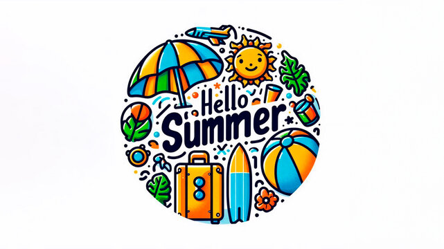 Hello Summer greeting text in circular white frame with colorful beach element: umbrella, surfboard, luggage, ball. Hello summer beach vector concept.